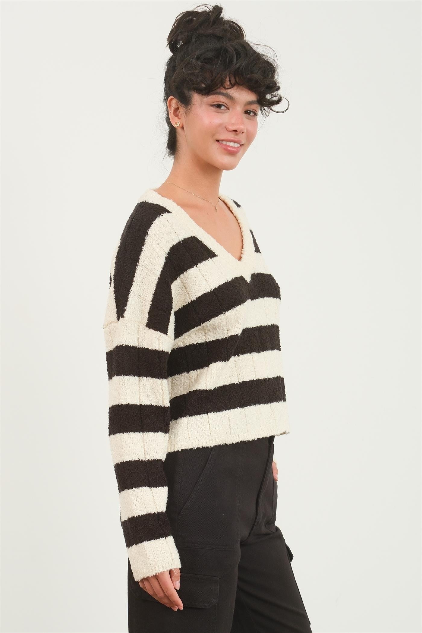 Striped Cream and Black V-Neck Sweater