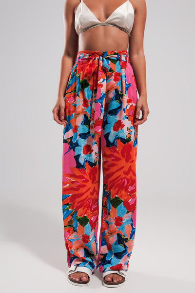 Elastic back pants in bright floral