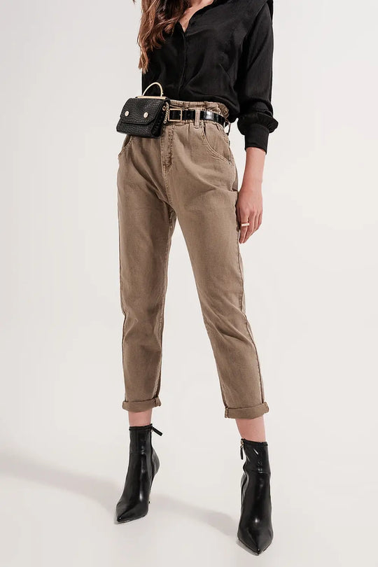 Elasticated paper bag waist jean in Beige - Jeans