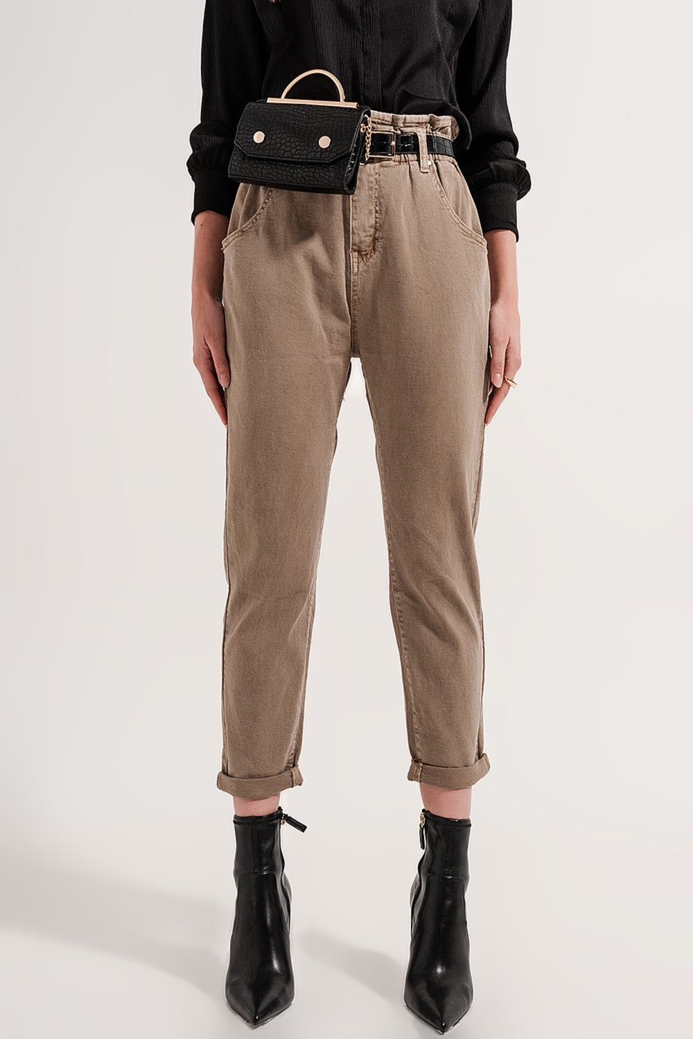 Elasticated paper bag waist jean in Beige