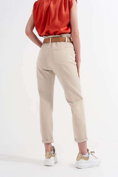 Elasticated paper bag waist mom jean in beige