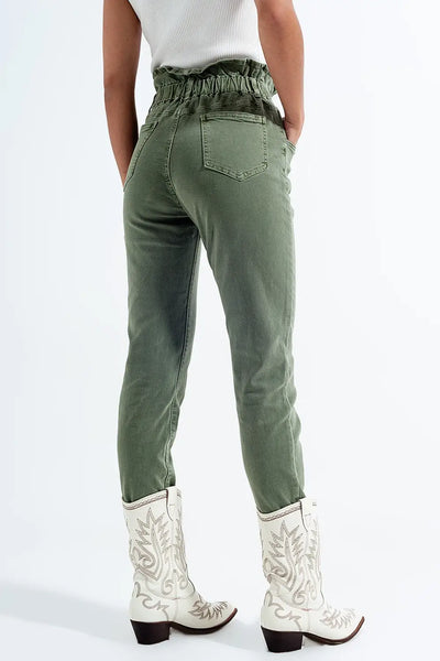 Elasticated paper bag waist mom jean in khaki - Jeans