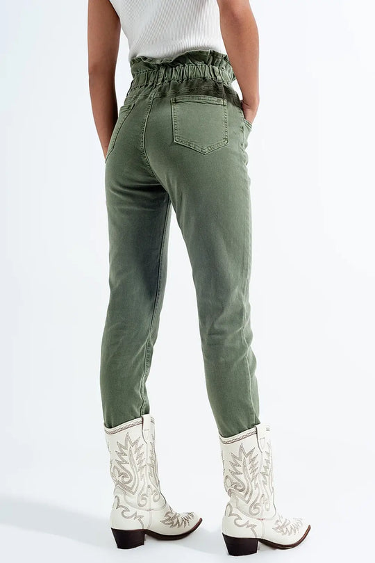 Elasticated paper bag waist mom jean in khaki - Jeans