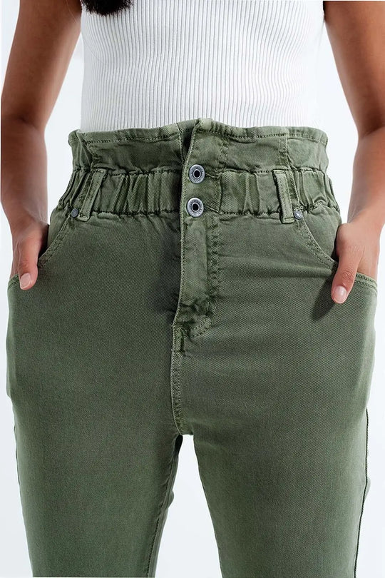 Elasticated paper bag waist mom jean in khaki - Jeans