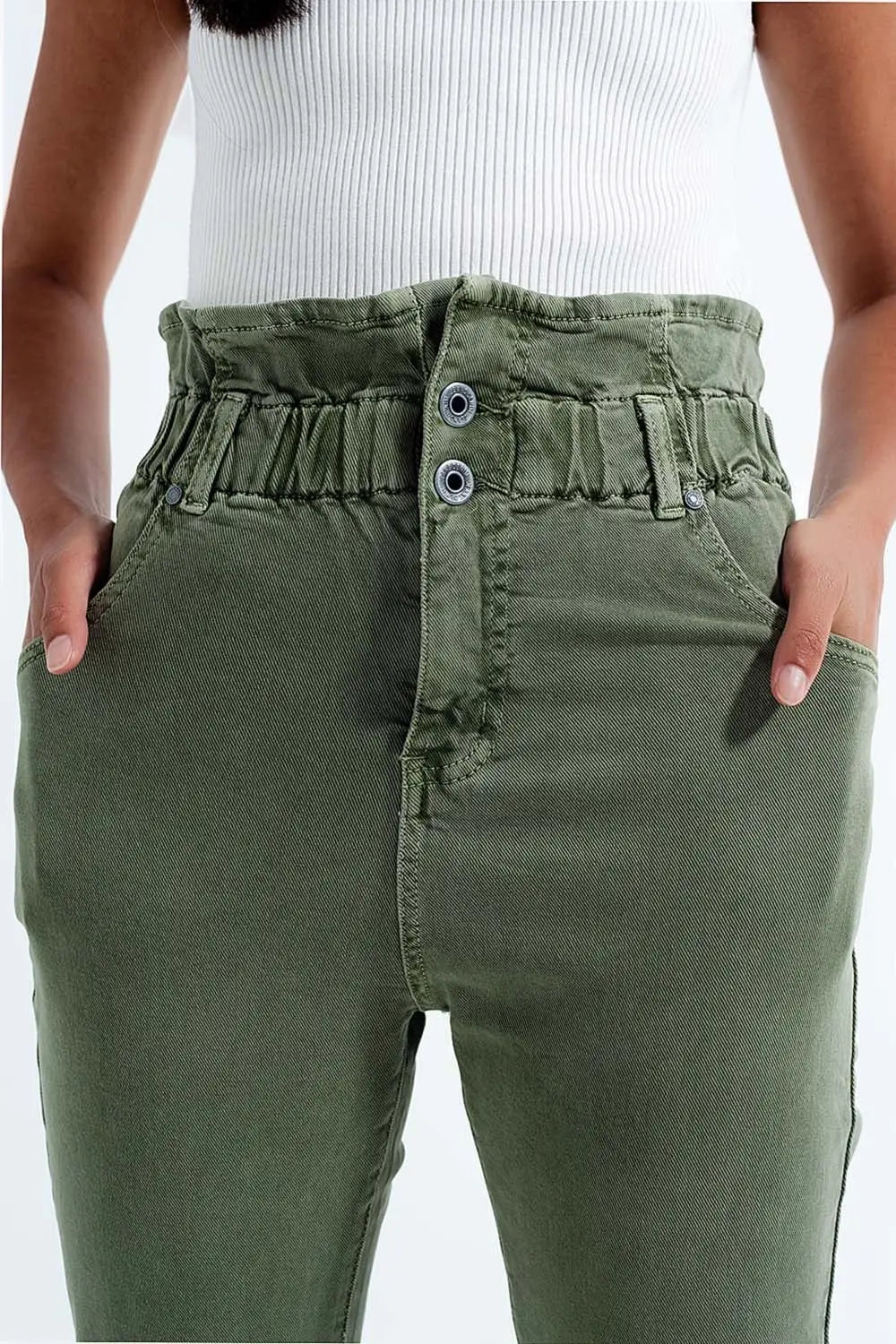 Elasticated paper bag waist mom jean in khaki - Jeans