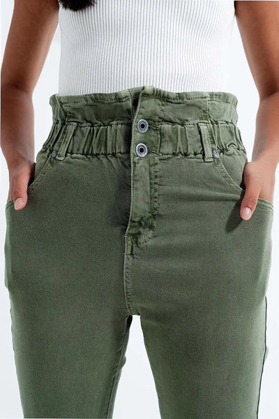 Elasticated paper bag waist mom jean in khaki - Jeans