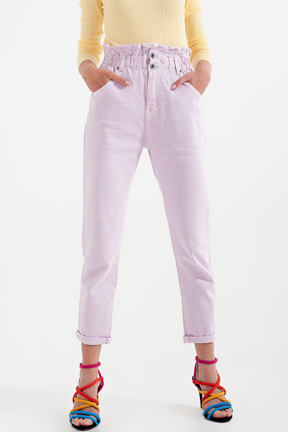 Elasticated paper bag waist mom jean in lilac