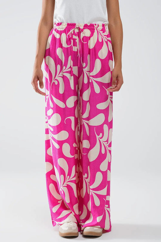 Q2 Elasticated Waist Straight Leg Pants In Fuchsia Floral Print