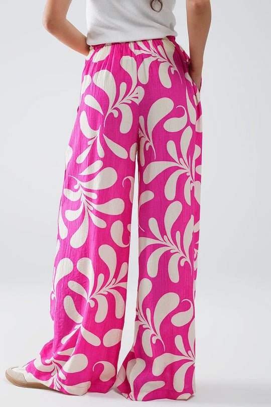 Elasticated Waist Straight Leg Pants In Fuchsia Floral Print - Pants