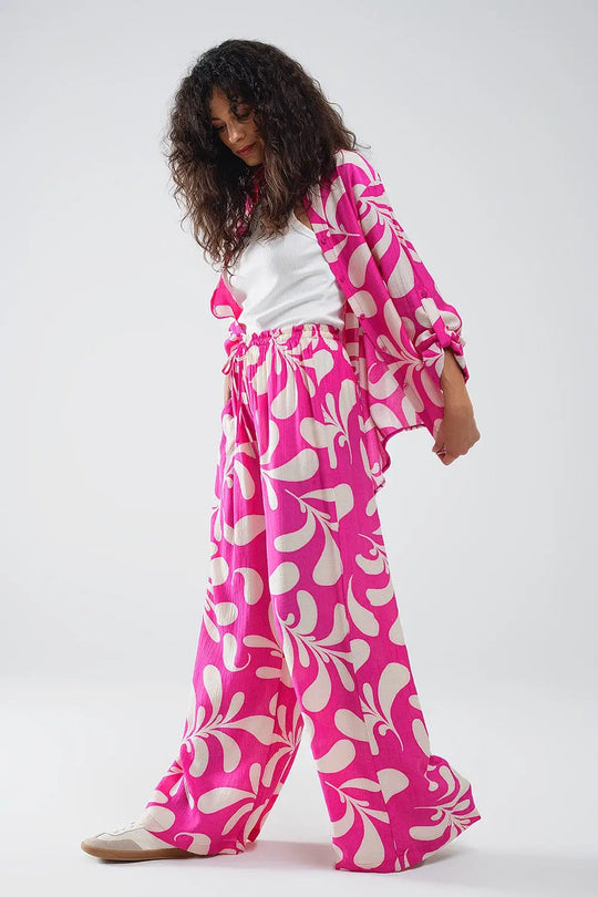 Elasticated Waist Straight Leg Pants In Fuchsia Floral Print - Pants
