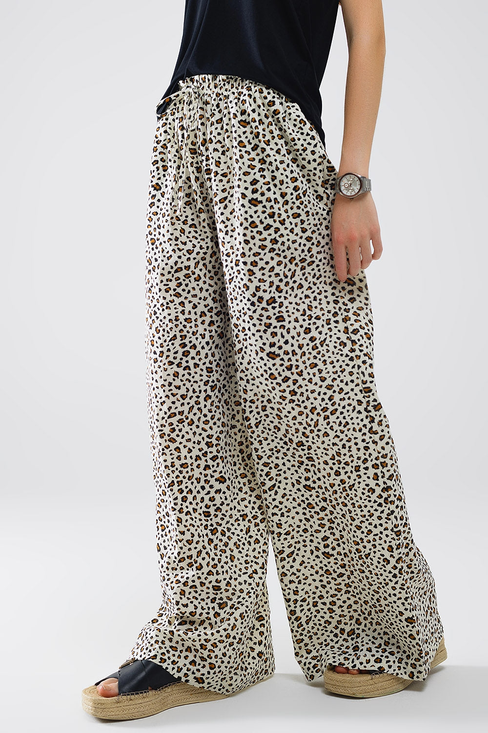 Elasticated Waist Straight Leg Pants In Leopard Print