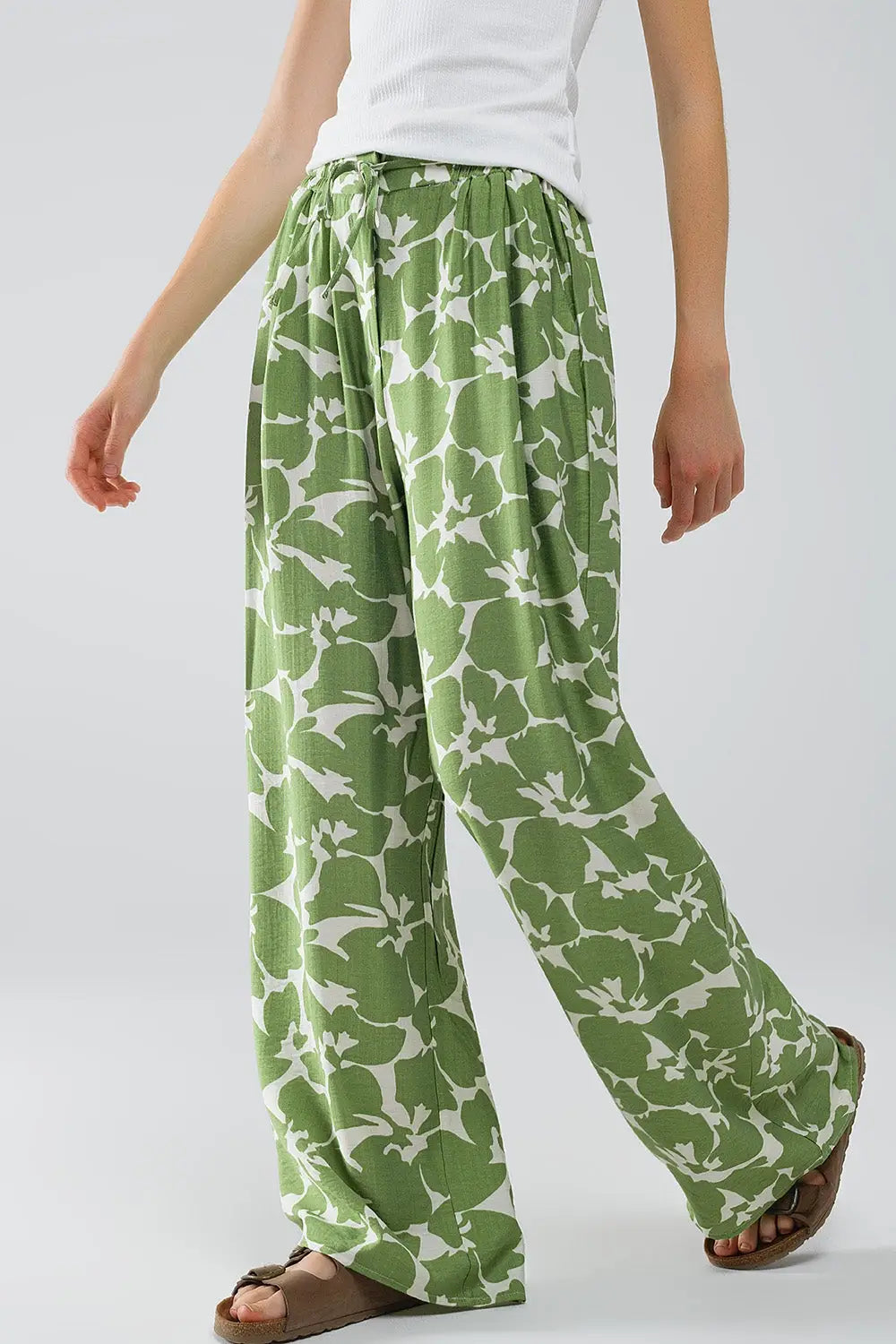 Elasticated Waist WIde Leg Pants With Green Floral Print - Pants