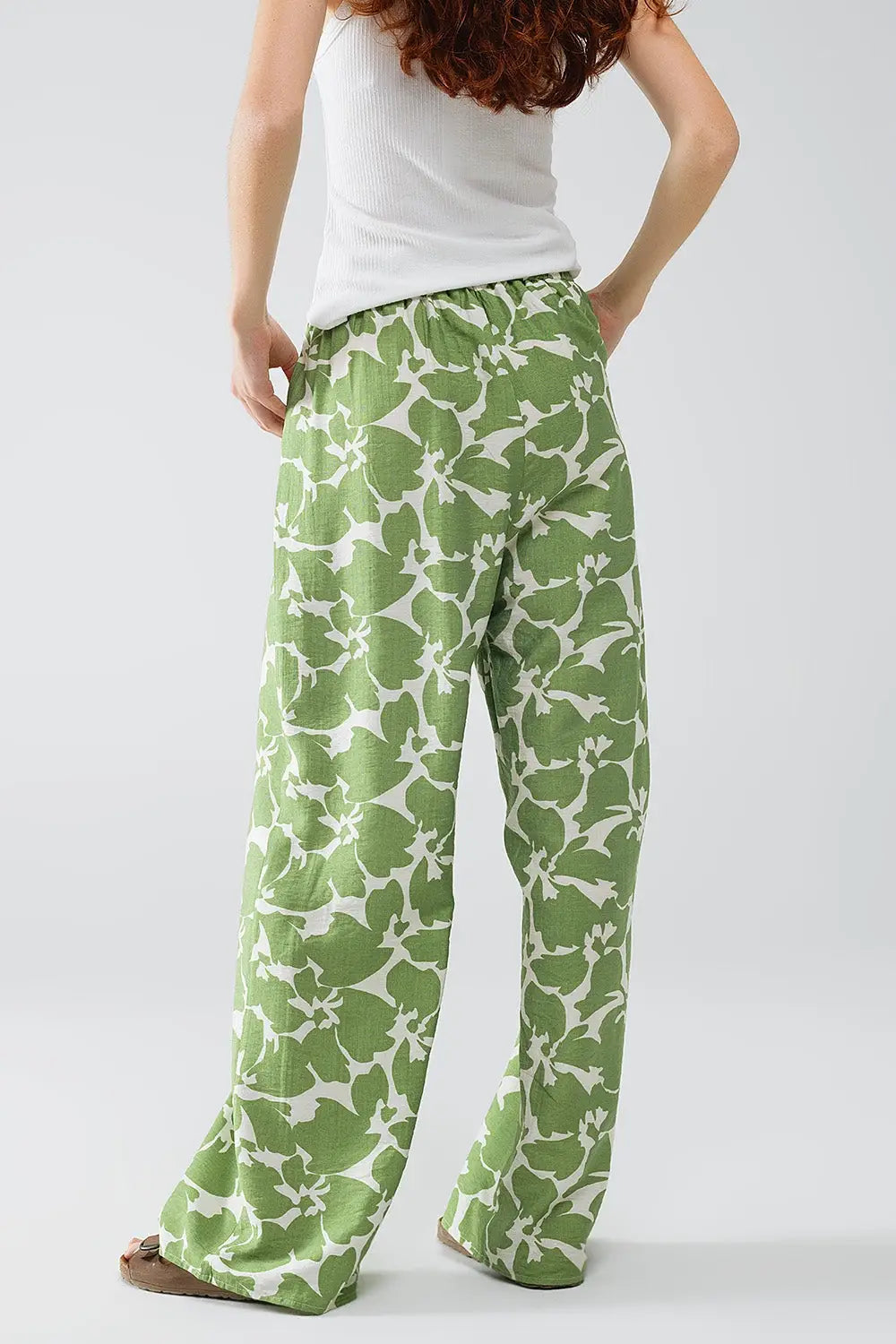 Elasticated Waist WIde Leg Pants With Green Floral Print - Pants