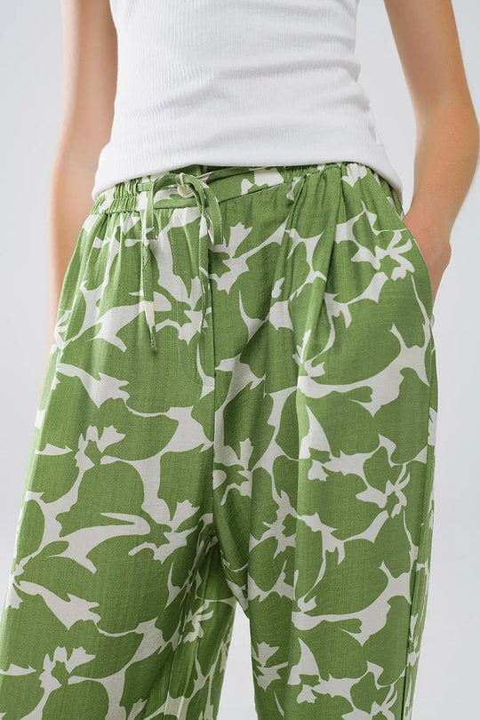 Elasticated Waist WIde Leg Pants With Green Floral Print - Pants