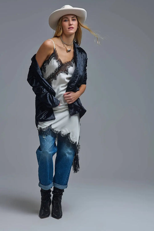 Elegant Asymmetrical White Satin Lace Dress - Dresses