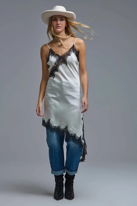 Elegant Asymmetrical White Satin Lace Dress - Dresses