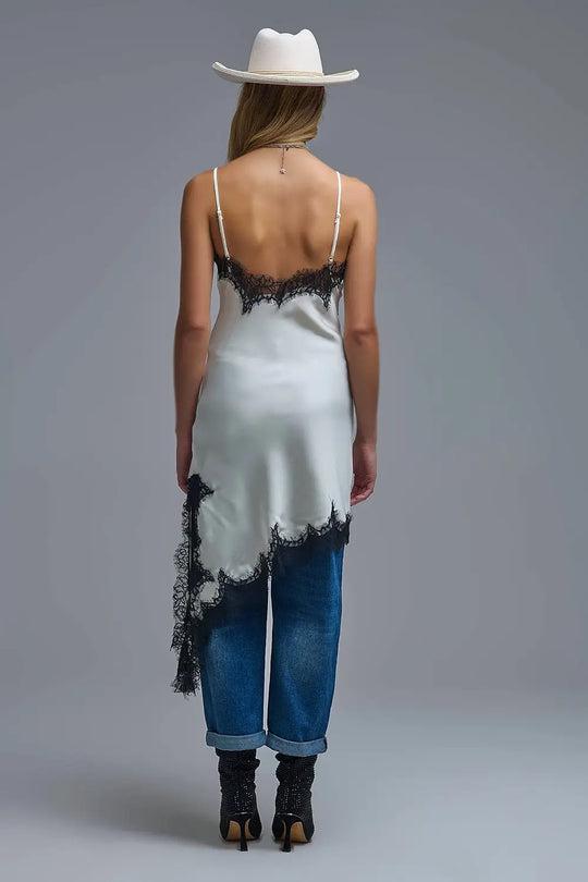 Elegant Asymmetrical White Satin Lace Dress - Dresses