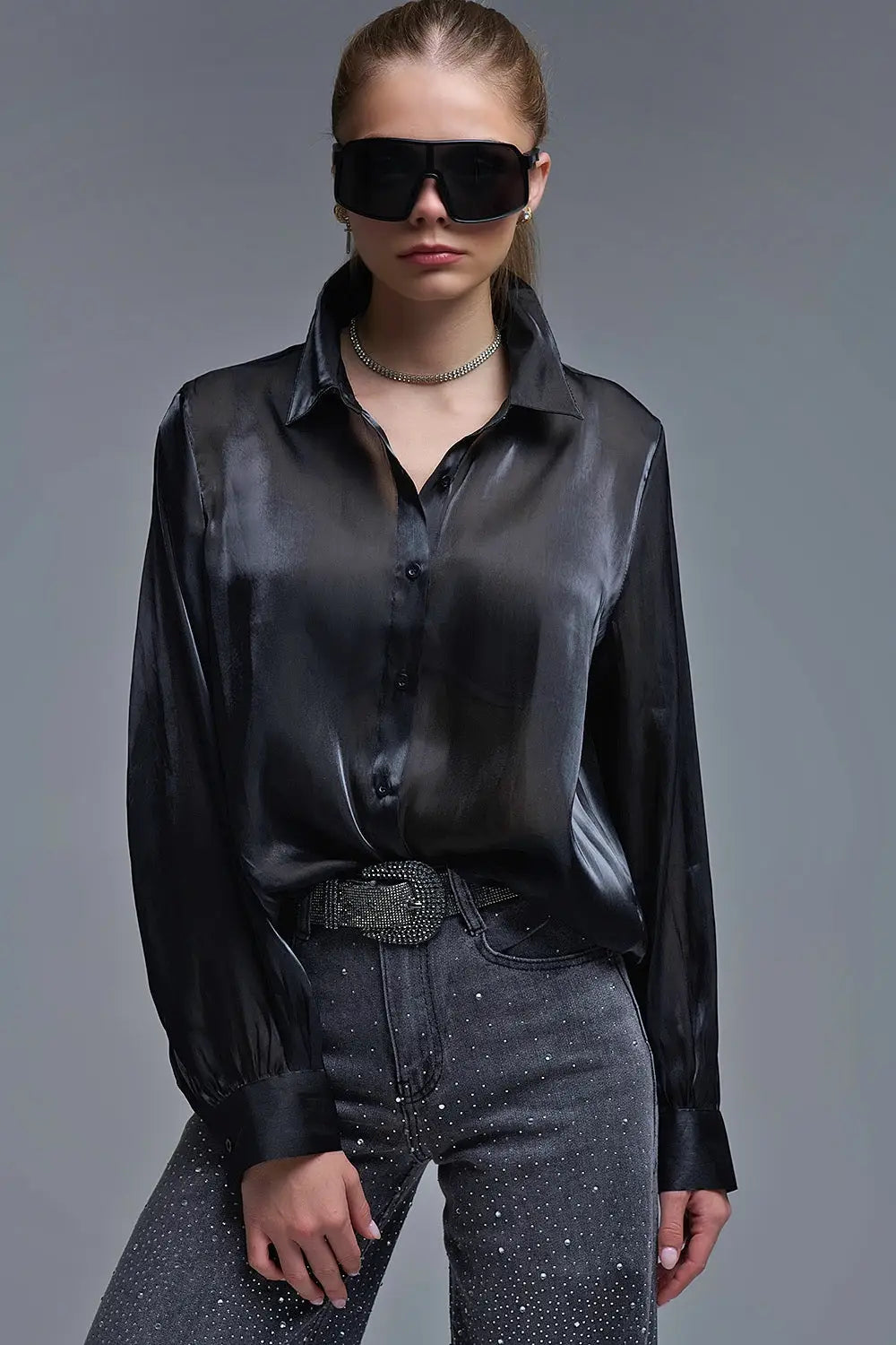 Q2 Elegant Black Shirt in Satin Silk