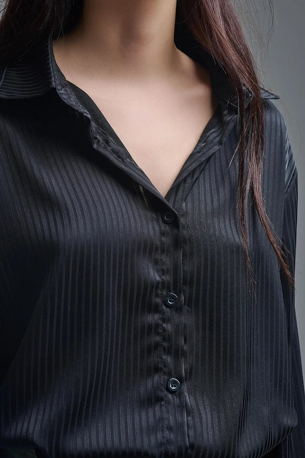 Elegant Black Striped Satin Shirt - Shirts