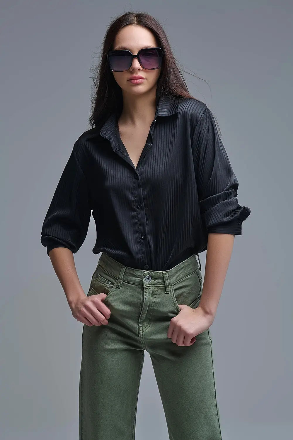 Elegant Black Striped Satin Shirt - Shirts