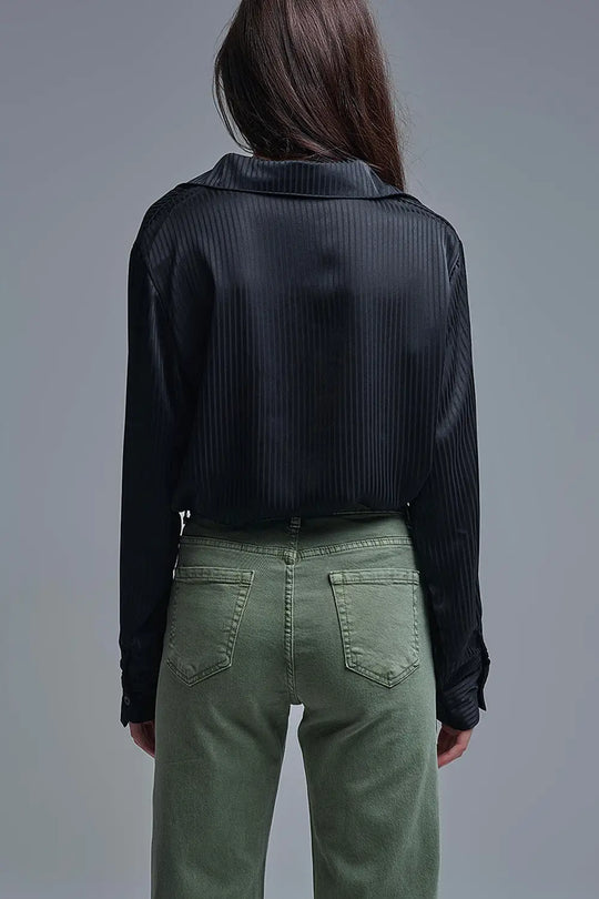 Elegant Black Striped Satin Shirt - Shirts