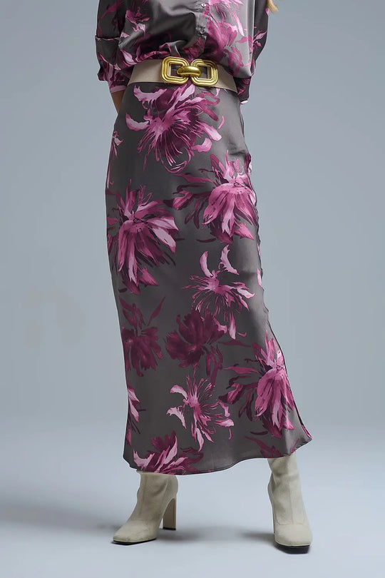 Q2 Elegant Floral Midi Skirt made in satin grey