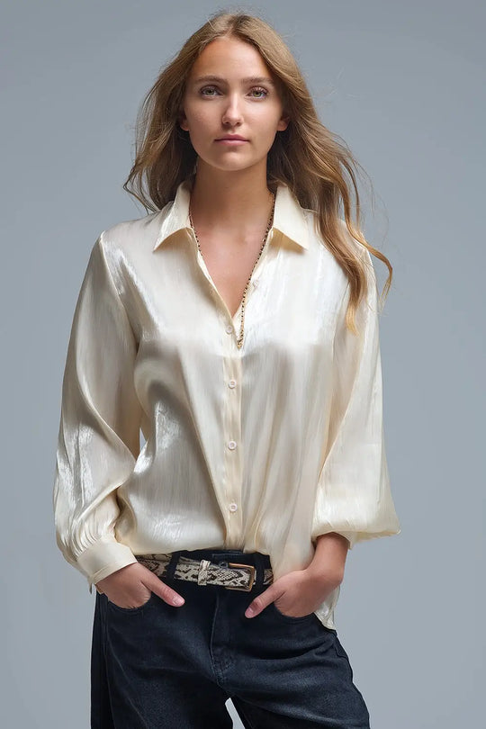 Elegant Light Beige Shirt in Satin Silk - Shirts