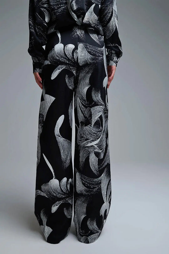 Elegant Printed Black Wide-Leg Pants in satin fabric - Pants