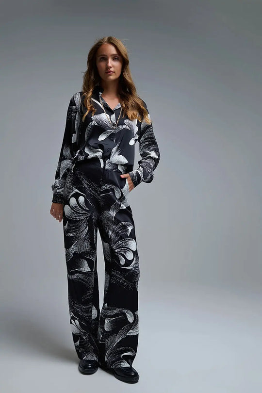 Elegant Printed Black Wide-Leg Pants in satin fabric - Pants