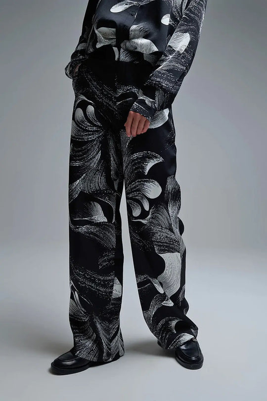 Elegant Printed Black Wide-Leg Pants in satin fabric - Pants