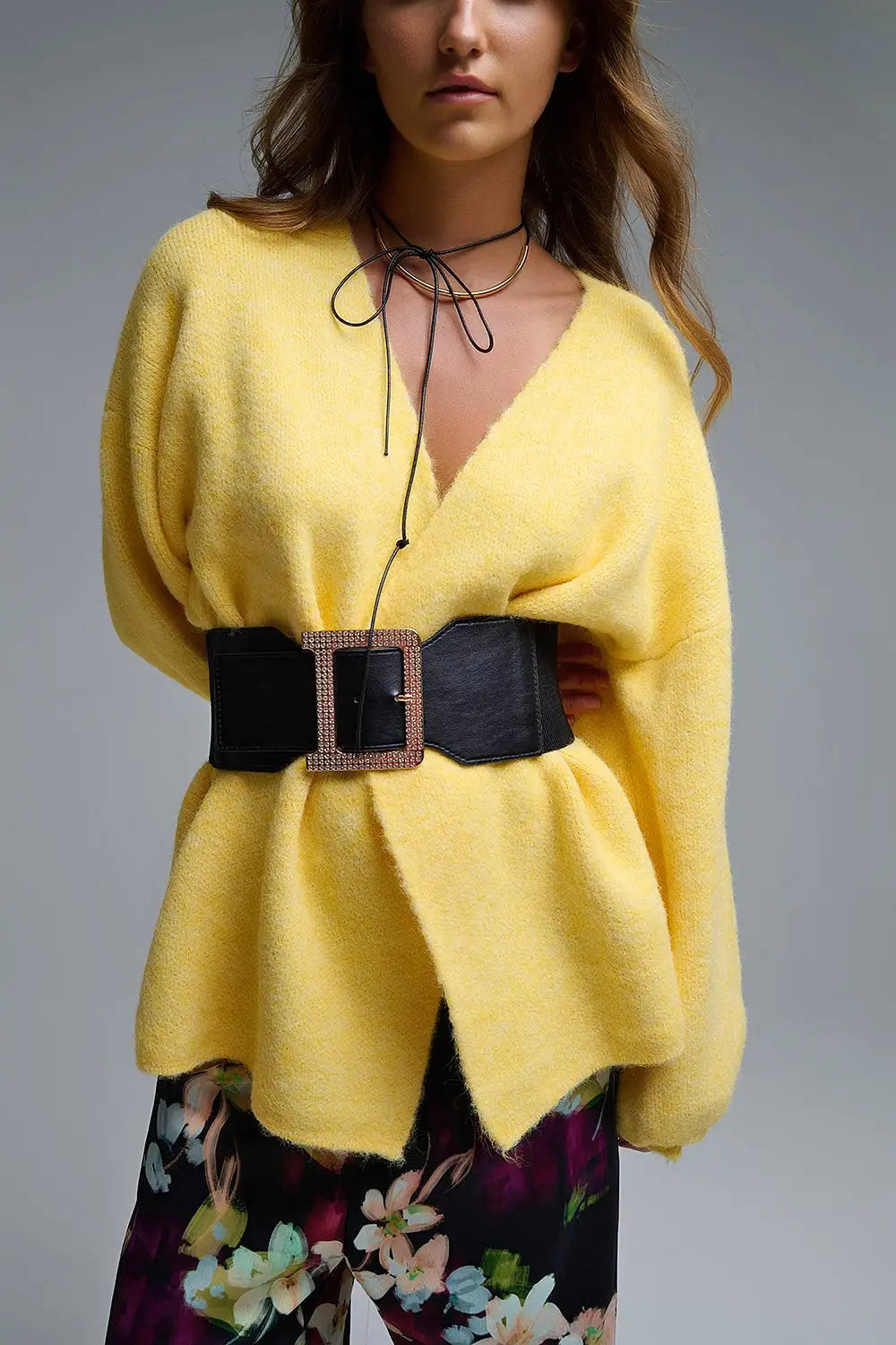 Elegant Yellow Wrap Knitted Cardigan - One Size / Yellow - Sweaters