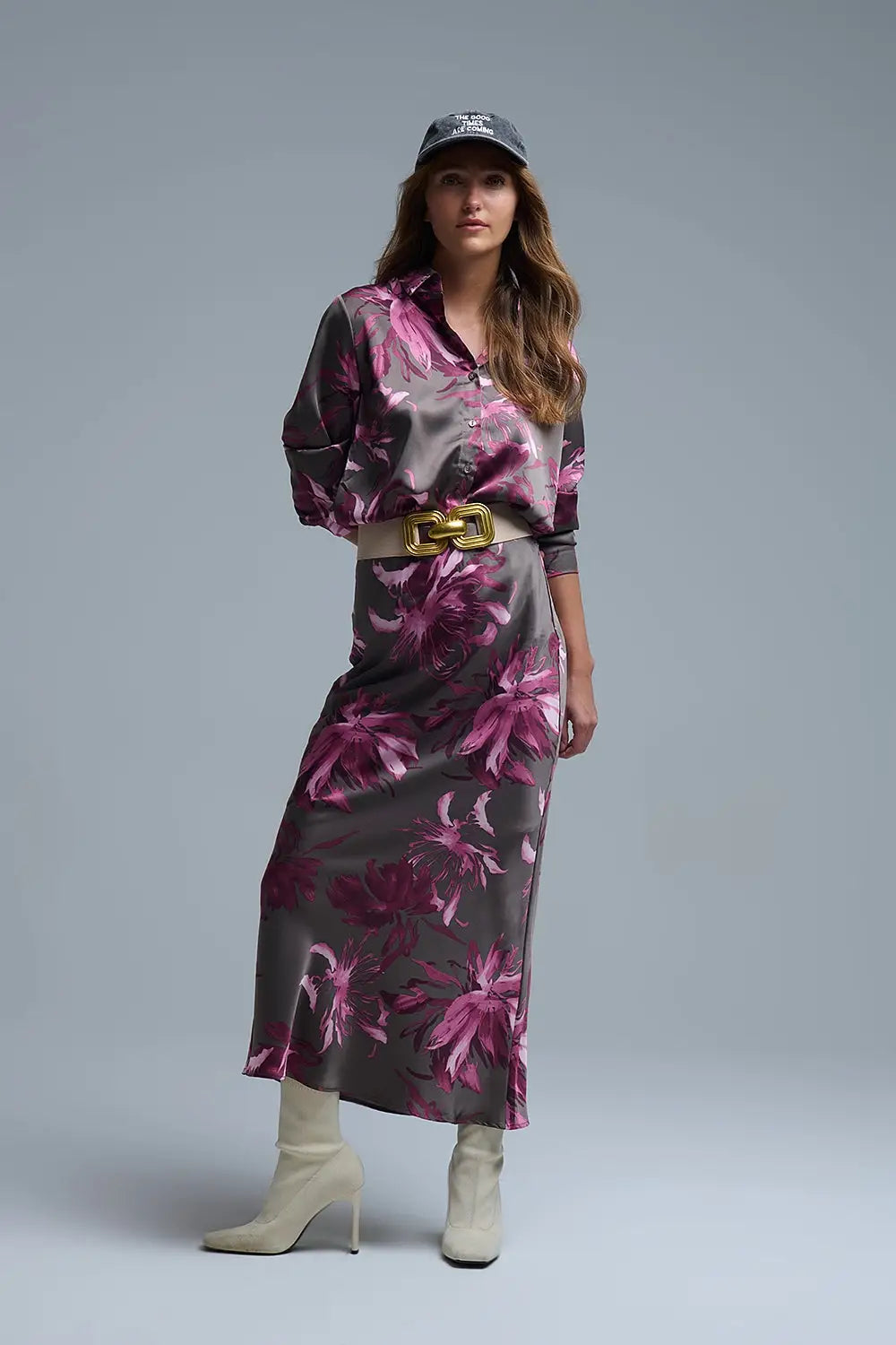 Élégante jupe midi à fleurs en satin gris - Jupes