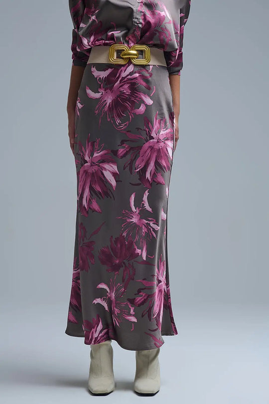 Élégante jupe midi à fleurs en satin gris - Jupes