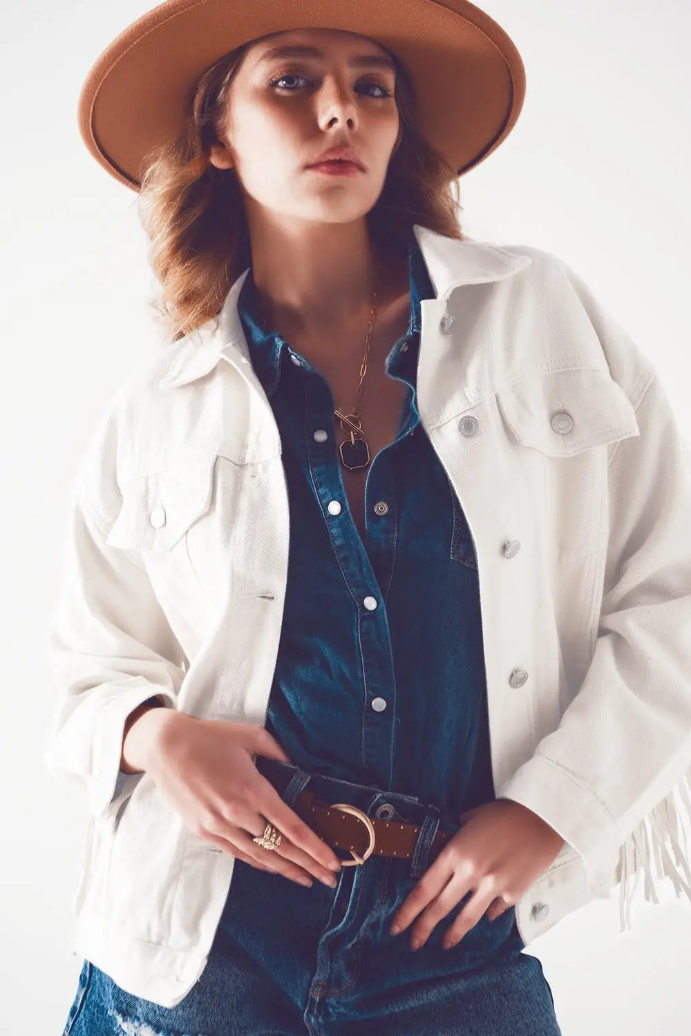Embellished fringe denim jacket in white - Coats and Jackets