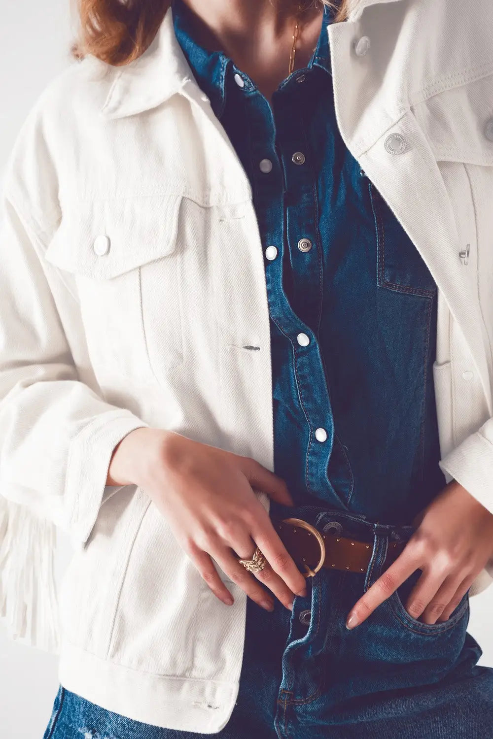 Embellished fringe denim jacket in white - Coats and Jackets