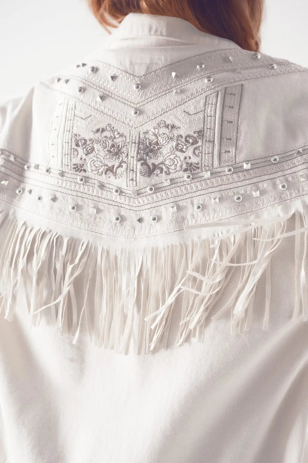 Embellished fringe denim jacket in white - Coats and Jackets