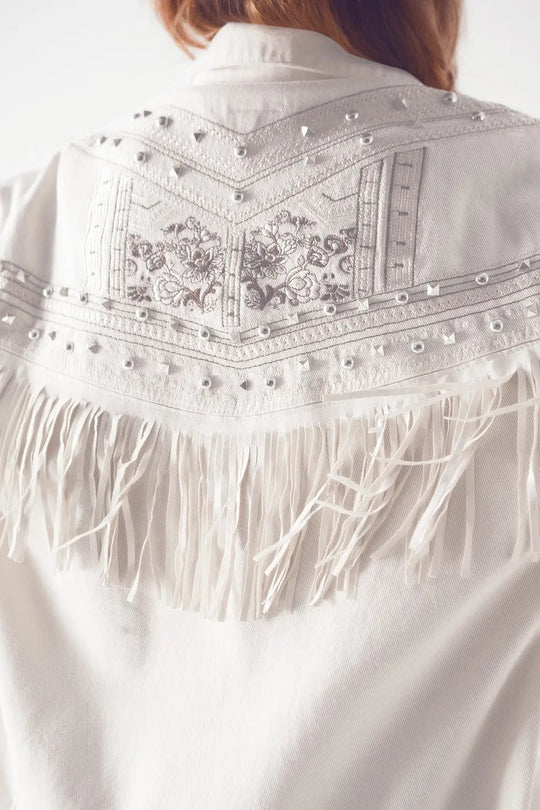 Embellished fringe denim jacket in white - Coats and Jackets