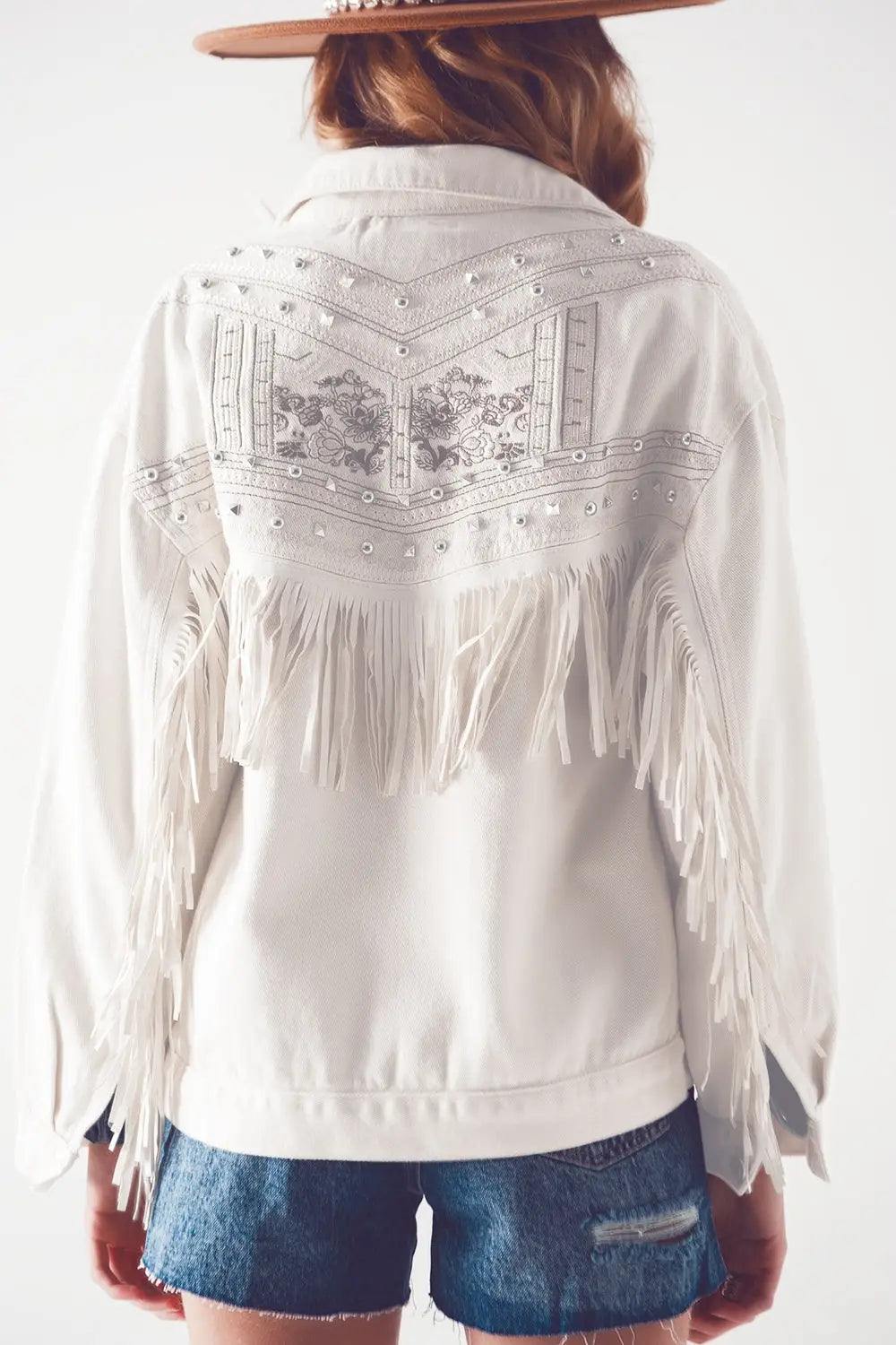 Embellished fringe denim jacket in white - Coats and Jackets