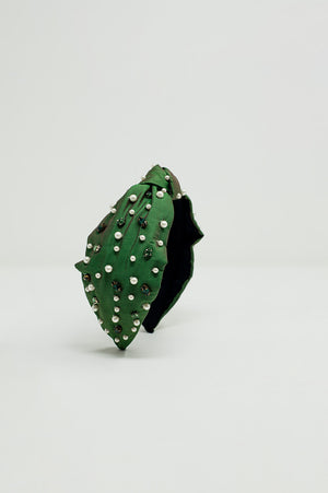 Q2 Embellished Headband With White And Green Jewells With Knot in The Middle