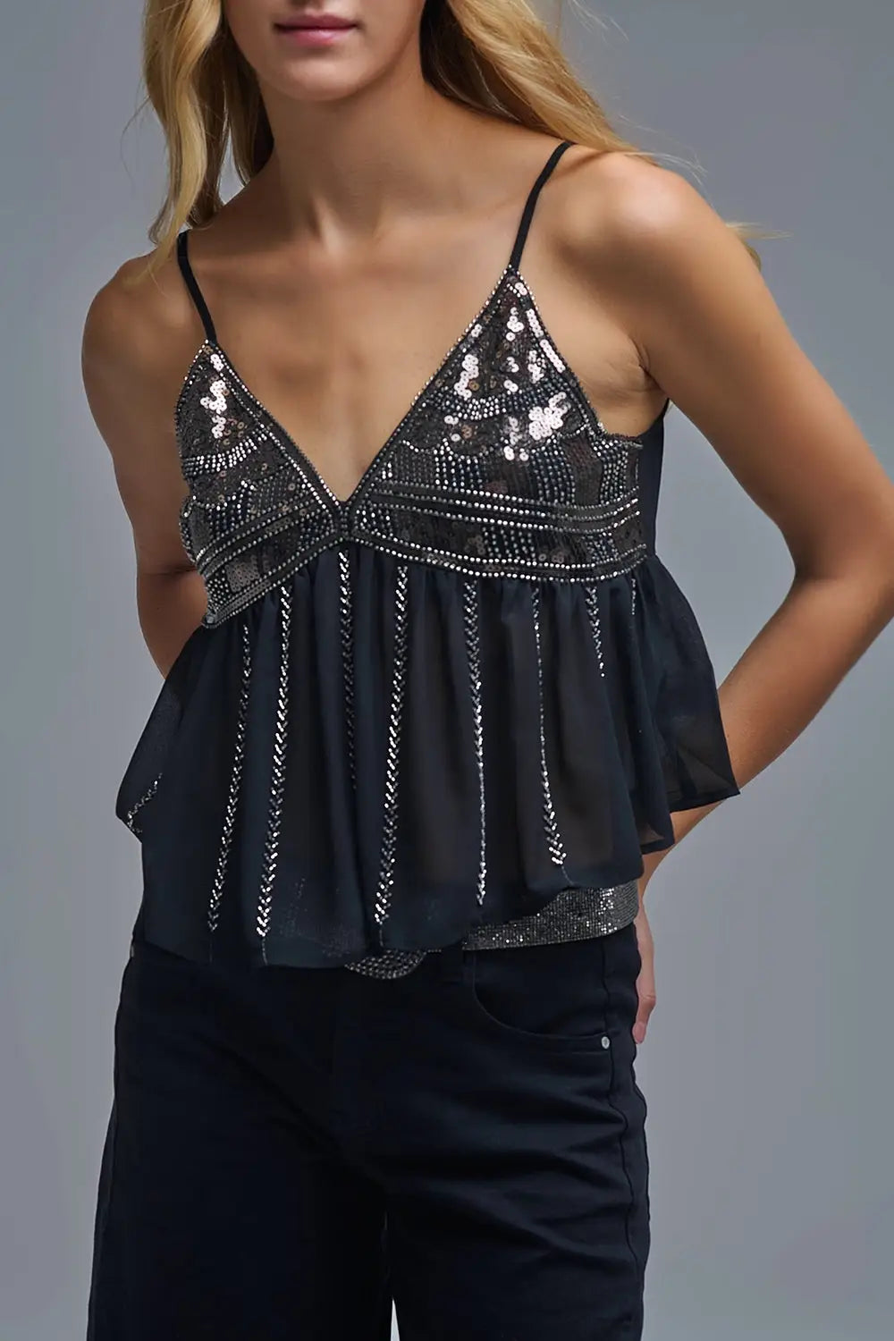 Embellished Sequin Camisole Top in black - Tops