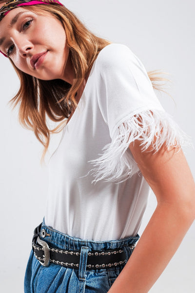 Embellished top with faux feather cuffs in white