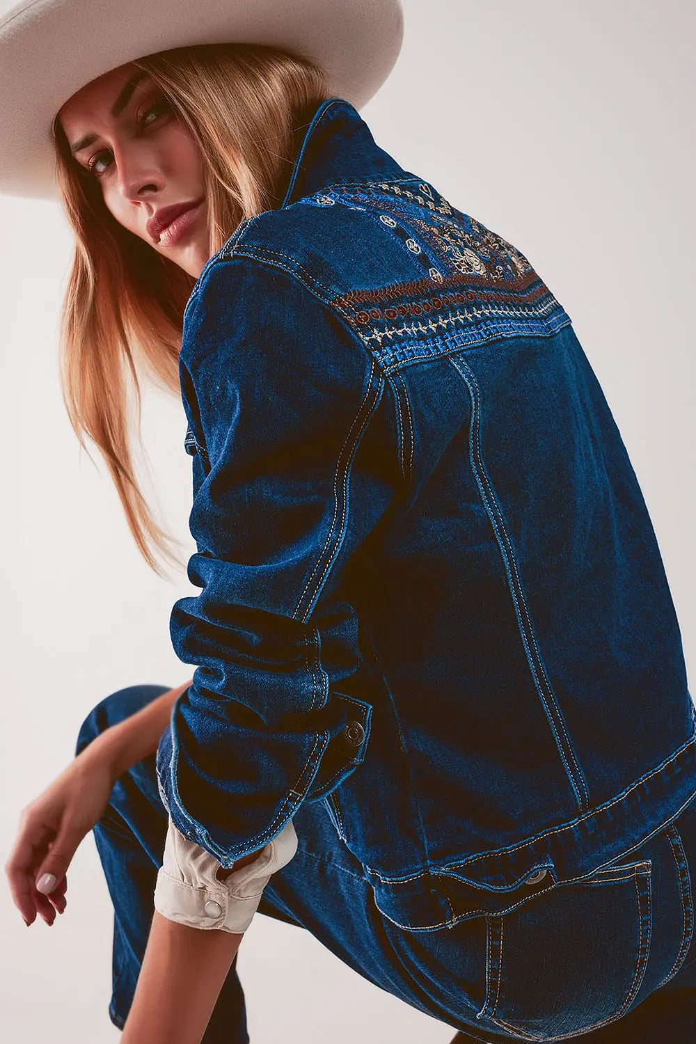 Embroided back denim jacket in dark blue - Coats and Jackets
