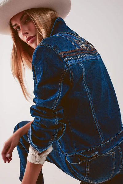 Embroided back denim jacket in dark blue - Coats and Jackets