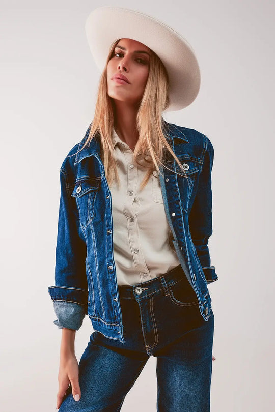 Embroided back denim jacket in dark blue - Coats and Jackets