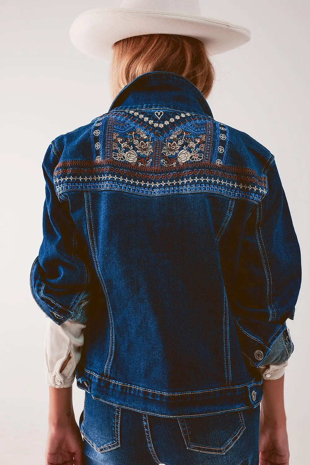 Embroided back denim jacket in dark blue - Coats and Jackets
