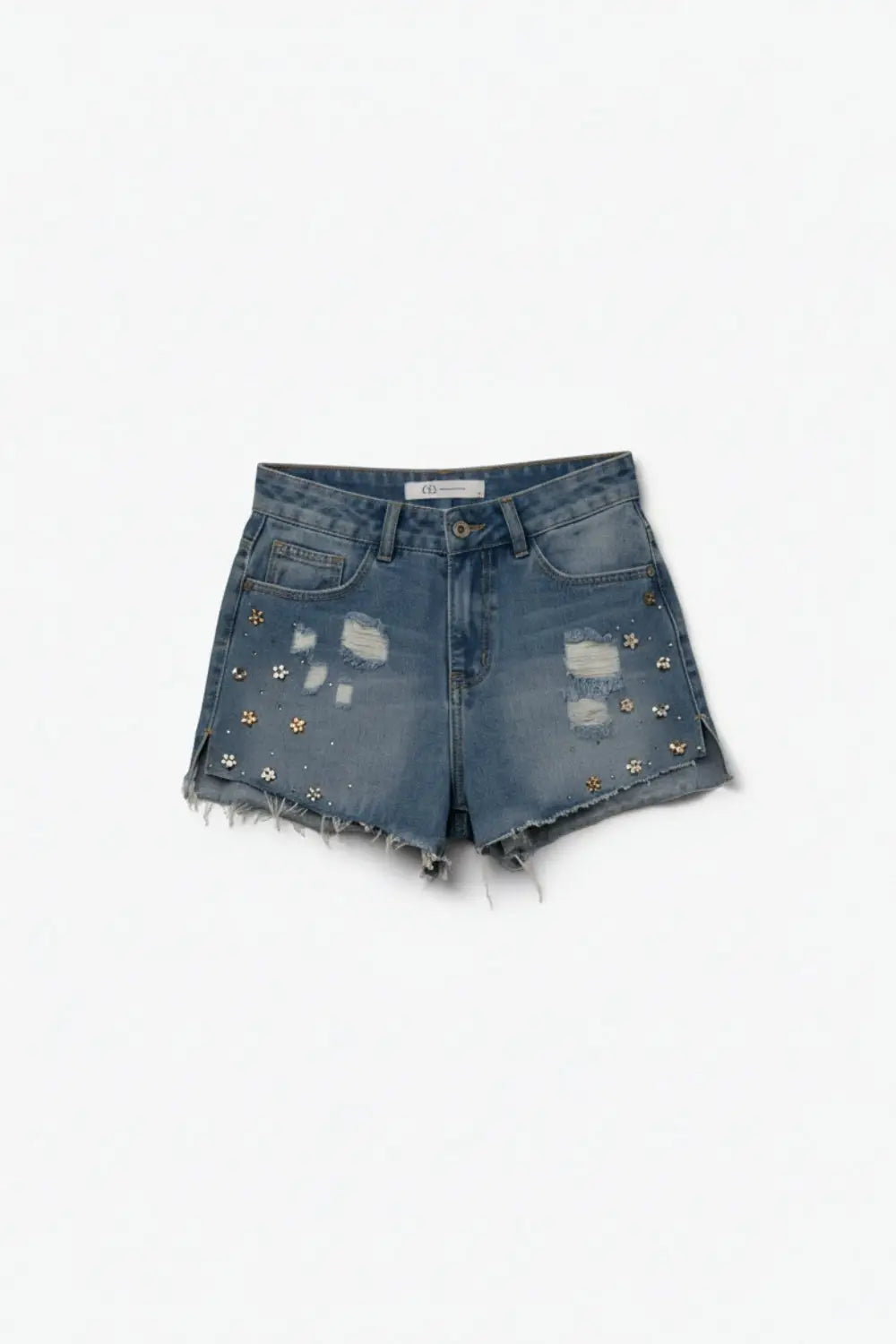 Q2 Embroidered Denim Shorts in Light Wash
