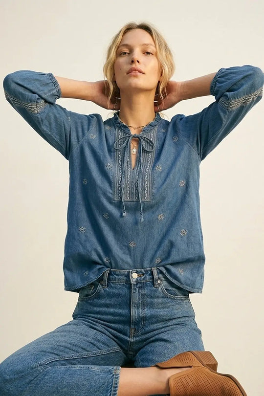 Q2 Embroidered Denim Tunic with Ruffle Neck &amp; Tie Front