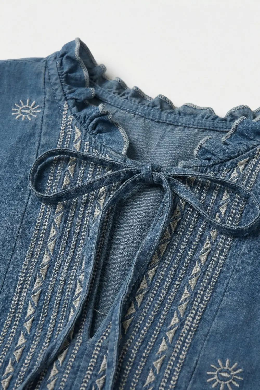 Embroidered Denim Tunic with Ruffle Neck &amp; Tie Front - Shirts