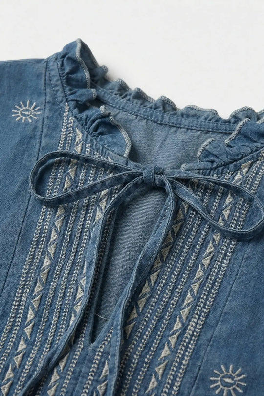 Embroidered Denim Tunic with Ruffle Neck &amp; Tie Front - Shirts