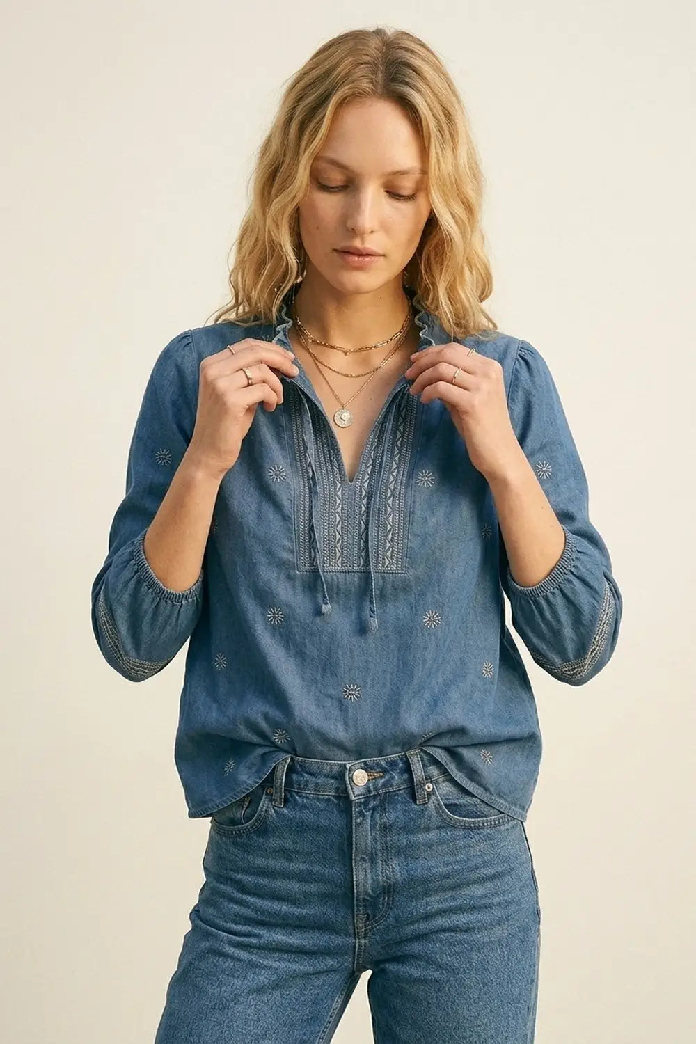 Embroidered Denim Tunic with Ruffle Neck & Tie Front - Shirts
